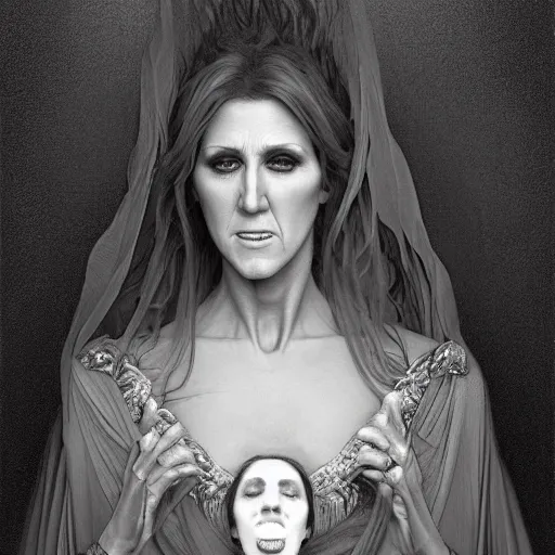 Image similar to beautiful lifelike award winning pencil illustration of celine dion as a scary wraith with her mouth wide open trending on art station artgerm greg rutkowski alphonse mucha museum quality cinematic atmospheric