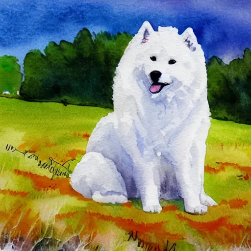 Prompt: a samoyed dog sitting in the middle of sunny meadow, watercolor painting