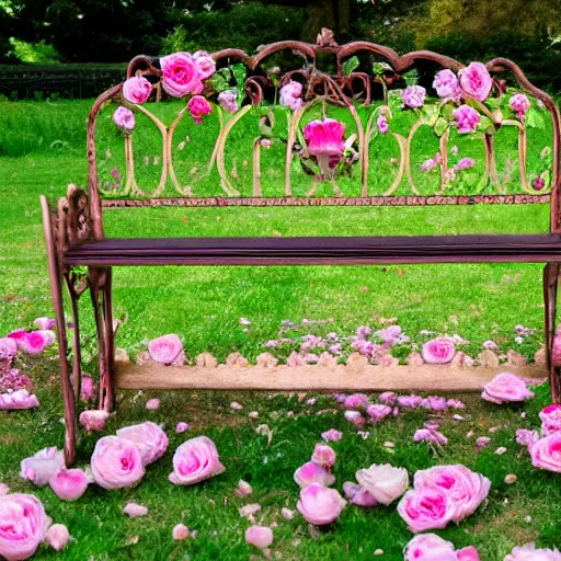 Prompt: ornate bench in a beautiful english rose garden