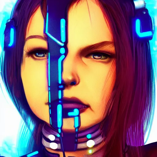 Prompt: headshot artwork of cyberpunk woman wearing thick steel choker, 4K, collar on neck, realistic, artstation, neon,