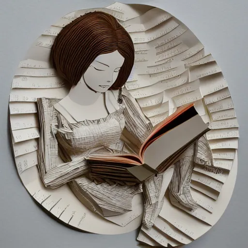 Prompt: cut paper sculpture of belle, reading a book