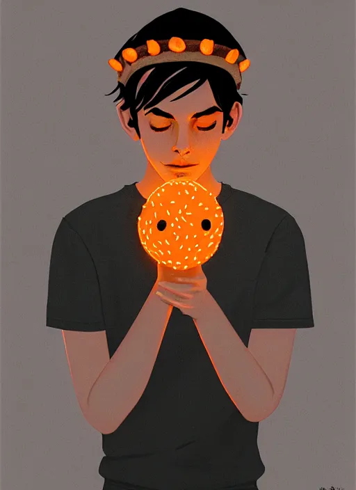 Image similar to portrait of teenage jughead jones wearing a light grey crown, symmetrical crown, hamburger background, eyes closed, crown, black hair, orange, intricate, elegant, glowing lights, warm lighting, highly detailed, digital painting, artstation, concept art, smooth, sharp focus, illustration, art by wlop, mars ravelo and greg rutkowski