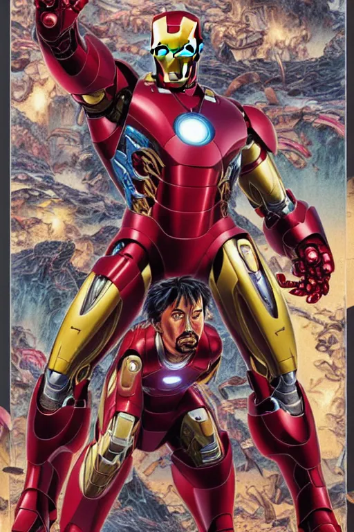 Prompt: poster of iron man, by yoichi hatakenaka, masamune shirow, josan gonzales and dan mumford, ayami kojima, takato yamamoto, barclay shaw, karol bak, yukito kishiro