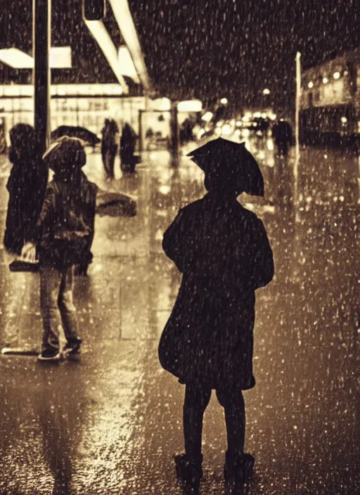 Image similar to a grainy vintage photograph of a boy and girl at night at a bus station in the rain falling in love