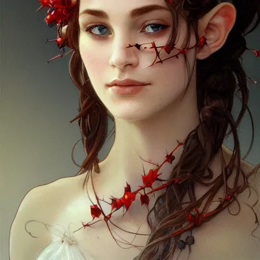 Image similar to portrait of very beautiful elf, rose thorn crown, thorns everywhere, headshot, pale skin, 4k, rule of thirds, extreme detail, detailed drawing, trending artstation, hd, fantasy, D&D, realistic lighting, by Alphonse Mucha, Greg Rutkowski, sharp focus, backlit, bright white hair, elegant