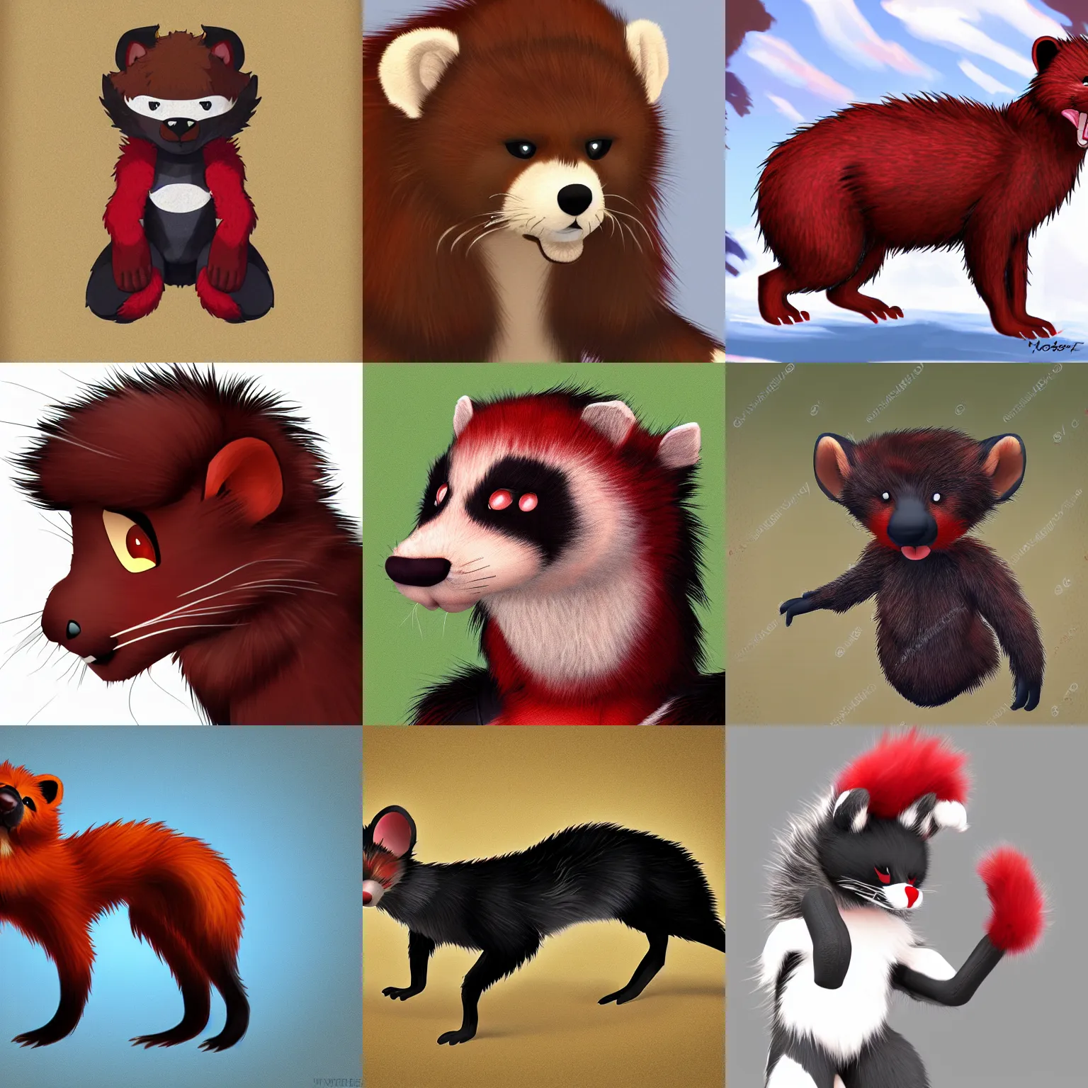 Prompt: photorealistic, body furred redblack male furry weasel fursona