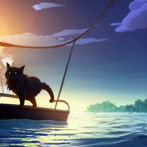 Image similar to a wholesome animation creative key shot of a black cat sailing a boat in the night, full shot, studio ghibli, pixar and disney animation, sharp, rendered in unreal engine 5, anime key art by greg rutkowski, bloom, dramatic lighting