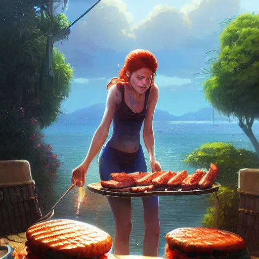 Prompt: highly detailed portrait of willem dafoe grilling hamburgers poolside, stephen bliss, unreal engine, fantasy art by greg rutkowski, loish, rhads, ferdinand knab, makoto shinkai and lois van baarle, artgerm, pixar, ilya kuvshinov, rossdraws, tom bagshaw, global illumination, radiant light, detailed and intricate environment