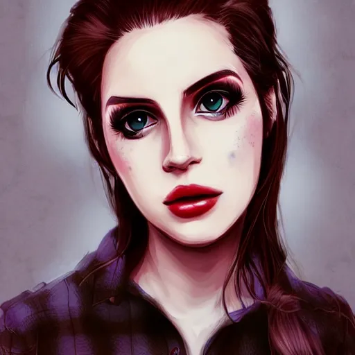 Prompt: full headshot portrait of Lana del ray punk, digital art, drawn by WLOP, by Avetetsuya Studios, anime manga panel, trending on artstation, wearing a plaid shirt