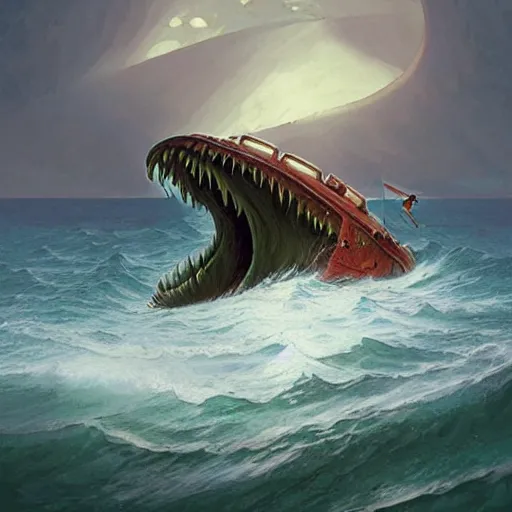 Image similar to an enormous eldritch sea monster peaking it's gigantic head out of the ocean in front of a tiny lifeboat with two children. detailed. photo realistic. john charles dollman. rhads. tianhua xu.