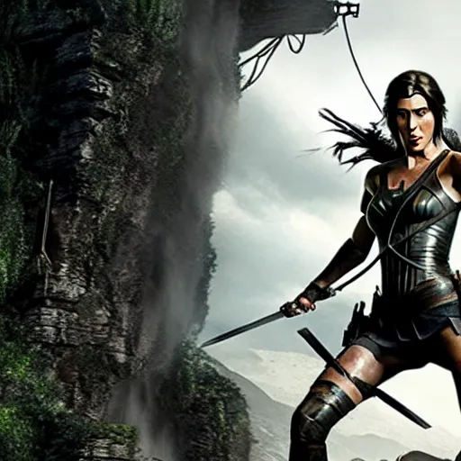 Image similar to film still of gal gadot as tomb raider, realistic, cinematic