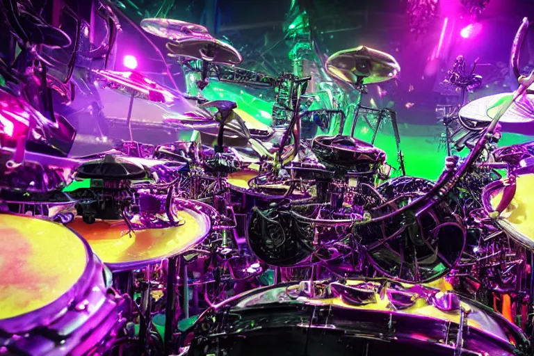 Image similar to photo of huge robotic drumset on a concert tage, the drumset is futuristic steampunk style with gears and tubes, 8 k, fluorescent colors, halluzinogenic, multicolored, exaggerated detailed, unreal engine