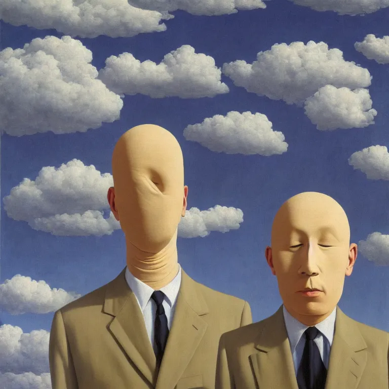Image similar to portrait of a faceless cloth - head man in a suit, clouds in the background, by rene magritte, detailed painting, distance, centered, hd, hq, high resolution, high detail, 4 k, 8 k