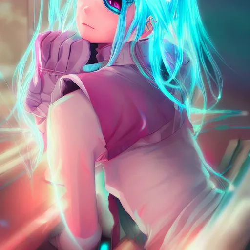 Image similar to digital anime art!!, gamer girl bedroom sleeping desk, azure blue eyes, pink hair, wlop, rossdraws, artgerm, ross tran