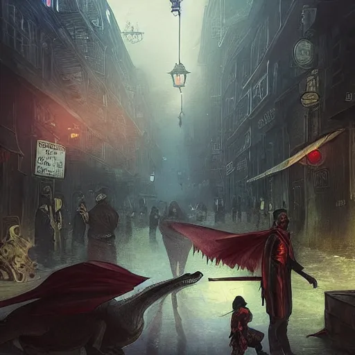 Prompt: “a creepy criminal magic city, similar to Knock Turn Alley, the sky is flayed like Doctor Strange, dinosaurs walking on street, D&D, fantasy, intricate, cinematic lighting, highly detailed, digital painting, artstation, concept art, smooth, sharp focus, illustration, art by Artgerm and Greg Rutkowski and Alphonse Mucha”