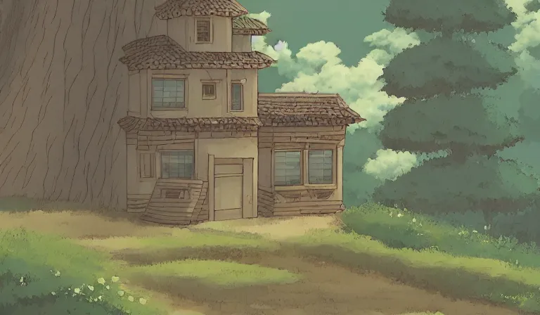 Image similar to a serene landscape with a singular building in the style of Studio Ghibli.