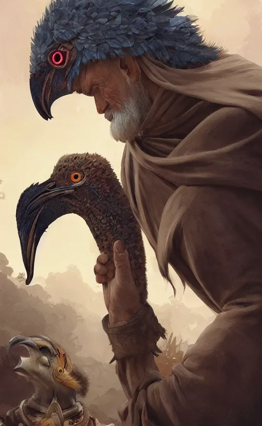 Prompt: male monk petting an undead emu, d & d, fantasy, intricate, highly detailed, digital painting, artstation, octane render, concept art, matte, sharp focus, illustration, hearthstone, art by artgerm and greg rutkowski and alphonse mucha