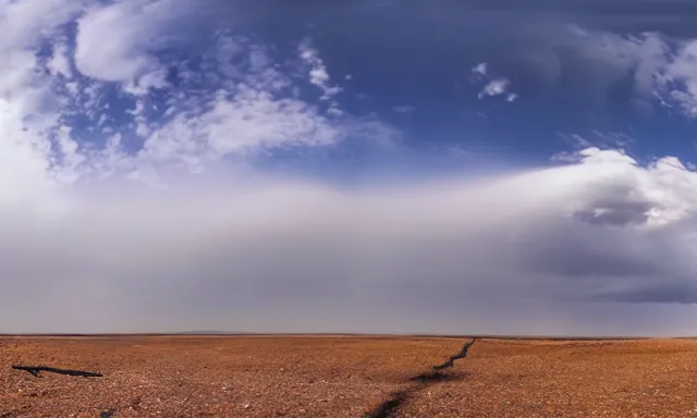 Prompt: panorama of big raindrops flying upwards into the perfect cloudless blue sky from a dried up river in a desolate land, dead trees, blue sky, hot and sunny highly-detailed, elegant, dramatic lighting, artstation, 4k, cinematic landscape, photograph by Elisabeth Gadd, National Geographic, weird weather phenomenon