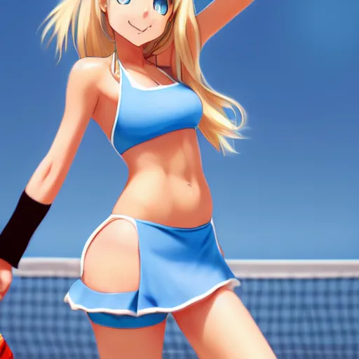 Image similar to a very beautiful young anime tennis girl, full body, long wavy blond hair, sky blue eyes, full round face, bikini, miniskirt, front view, mid - shot, highly detailed, cinematic wallpaper by stanley artgerm lau