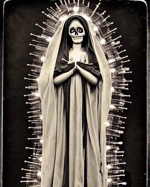 Prompt: tintype virgin mary in dia de muertos dress and makeup high quality photo, microchip, artificial intelligence, bio - mechanical bio - luminescence, black wired cables, neurons, nerve cells, cinematic, rim light, photo - realistic, high detail, 8 k, masterpiece, high fashion, in the style of steven meisel dora maar h. r. giger