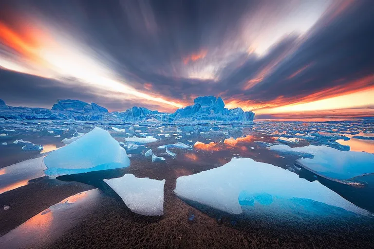 Image similar to moody landscape photography by marc adamus, greenland, sunset, ice