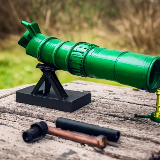 Image similar to a working rocket launcher that was 3 d printed using black and green filament. 8 5 mm lens, f 1. 8.