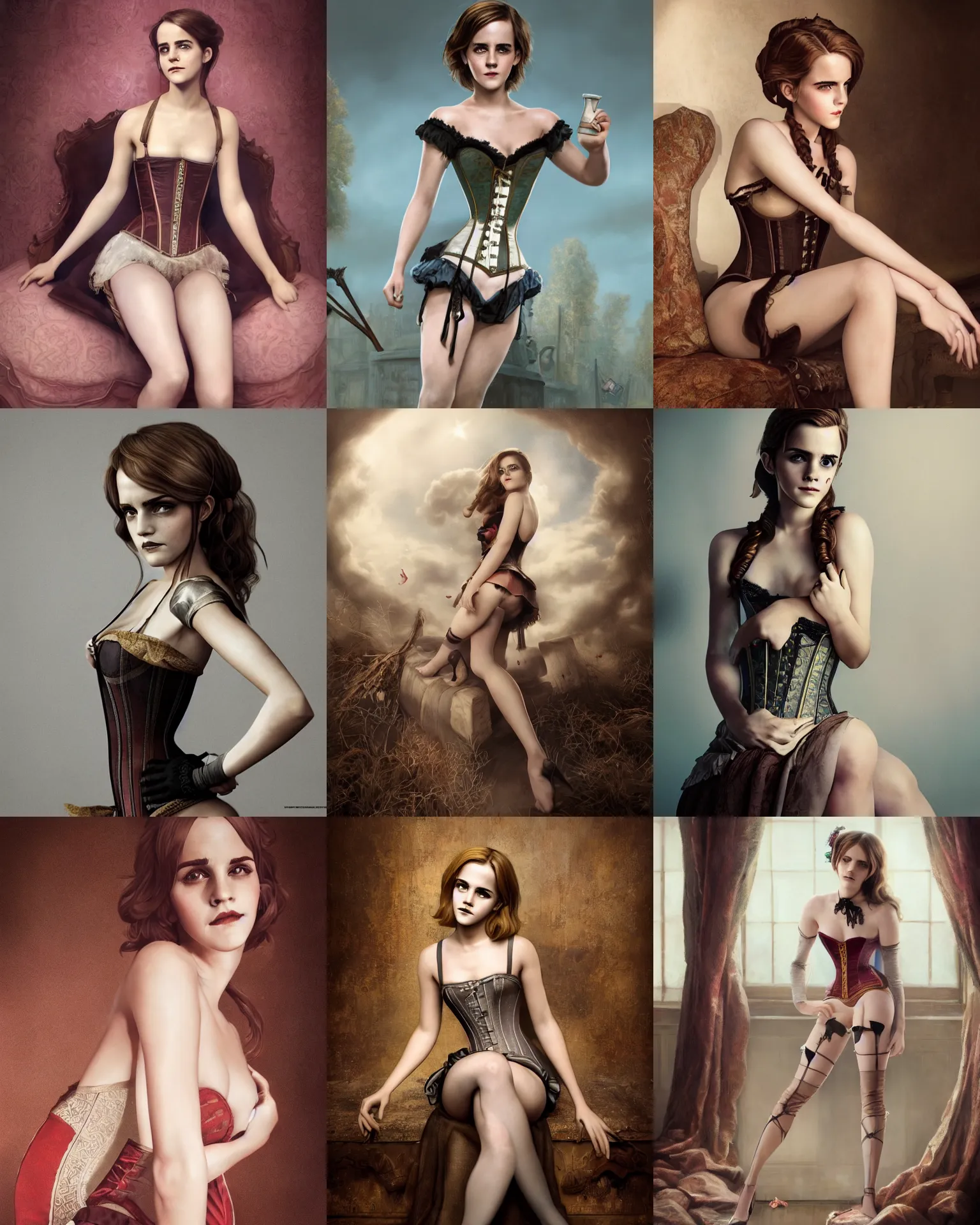 Prompt: full shot portrait painting of very beautiful emma watson posing as hot maiden in stockings corset home submissive, character design by mark ryden and pixar and hayao miyazaki, unreal 5, daz, hyperrealistic, octane render, cosplay, transparent, rpg portrait, dynamic lighting, intricate detail, cinematic, pinup