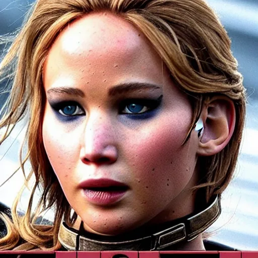 Image similar to first photos of 2 0 2 4 female 3 0 0 remake - jennifer lawrence as leonidas, put on 5 0 pounds of muscle, ripped, ( eos 5 ds r, iso 1 0 0, f / 8, 1 / 1 2 5, 8 4 mm, postprocessed, crisp face, facial features )