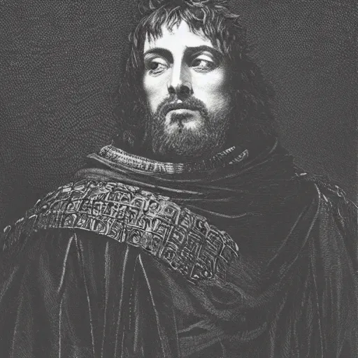 Image similar to closeup portrait of lord macbeth, the thane of glamis, high detail, illustration by gustave dore