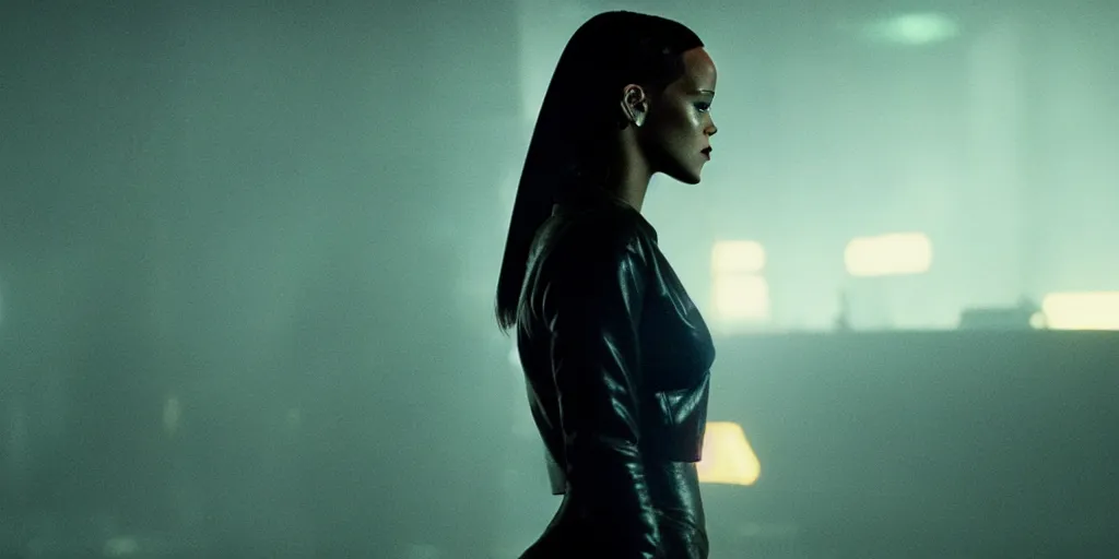 Image similar to film still of rihanna in blade runner 2 0 4 9, wearing clothes, cinematic, moody, gritty neon noir