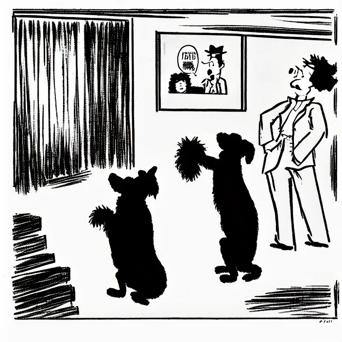 Prompt: a still frame from comic strip, two people hanging a black fluffy dog 1 9 5 0, herluf bidstrup, new yorker illustration, monochrome contrast bw, lineart, manga, tadanori yokoo, simplified,