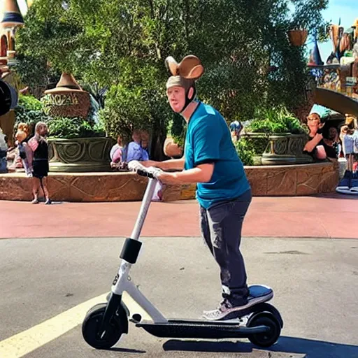 Prompt: morbidly obese rat riding a mobility scooter at disneyworld, photo