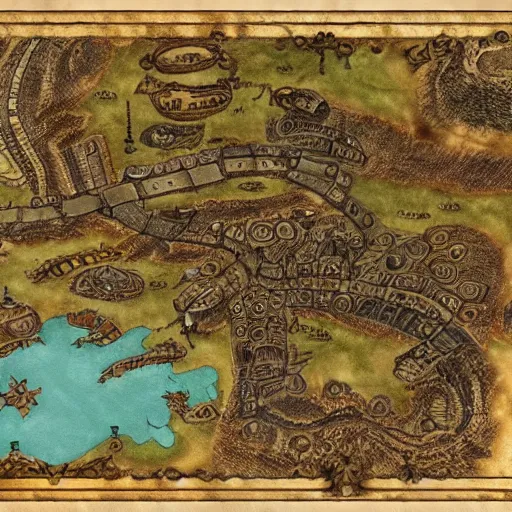 Prompt: map of a fantasy world, highly detailed, steampunk, with city name.