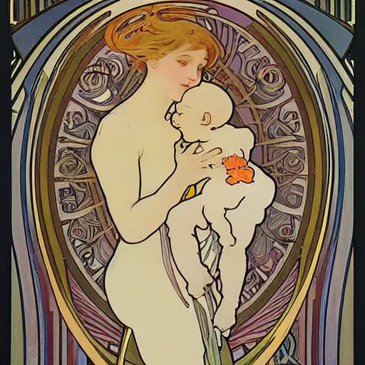 Prompt: A delicate painting of a grey alien stealing a baby, by Alphonse Mucha, art nouveau, detailed, elegant