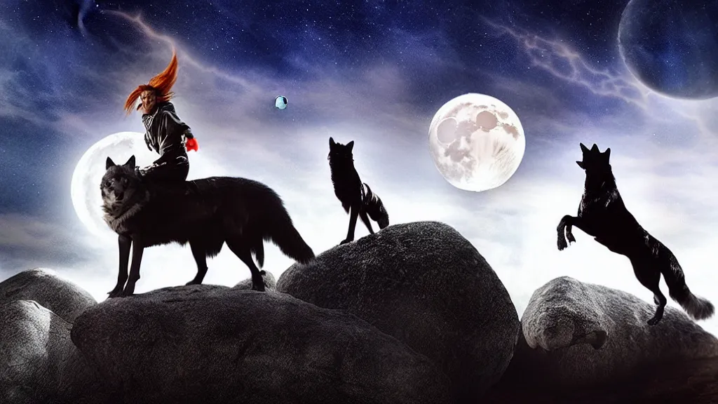 Prompt: Beautiful epic cinematography of David Bowie aka Ziggie Stardust, riding a giant singular silver wolf, while the wolf is on a giant boulder, with a massive moon in the background at night; high resolution digital art