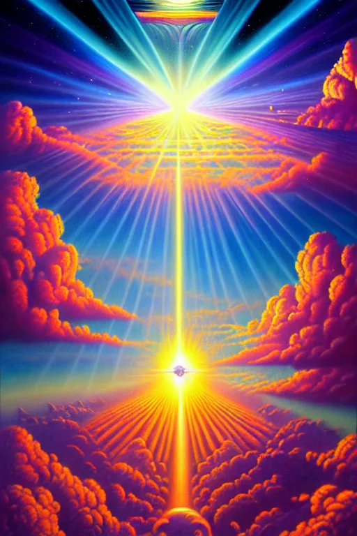 Prompt: a photorealistic painting of a beautiful vibrant iridescent ascended master, human evolution, spiritual science, divinity, utopian, cumulus clouds, ornate, isometric, by david a. hardy, kinkade, lisa frank, wpa, public works mural, socialist by johfra bosschart, dark fantasy art, high detail, trending on artstation