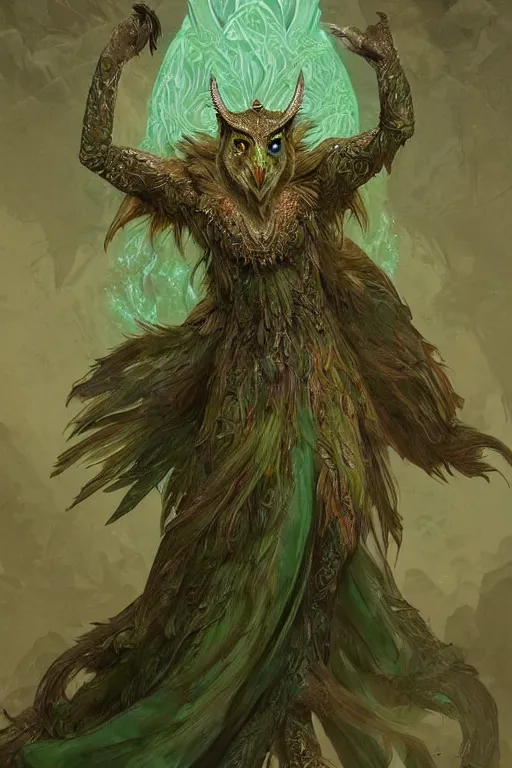 Image similar to a beautiful upper body shot from a fantasy film of a humanoid iridescent green owlbear wearing a loose tunic. an anthropomorphic phoenix. fantasy, frown, intricate, elegant, highly detailed, digital painting, artstation, concept art, matte, sharp focus, illustration, art by artgerm and greg rutkowski and alphonse mucha