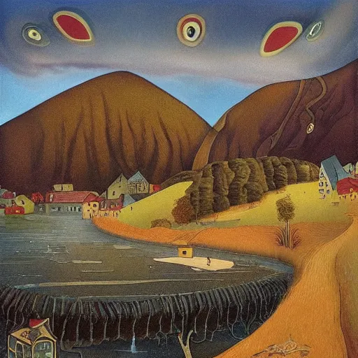 Image similar to The print is of a small village with a river running through it. In the distance, there are mountains. The sky is clear and the sun is shining. dada by Mab Graves, by Rafael Zabaleta funereal, turbulent