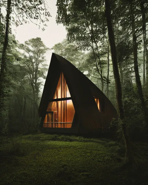 Image similar to an exquisite wooden house in the middle of a lush forest, minimalist design, architectural photography, dark and dim lighting, beautiful, tranquil, moody, cinematic, fantasy, 3 5 mm lens, volumetric lighting, first person view, photographic render, hyper realistic