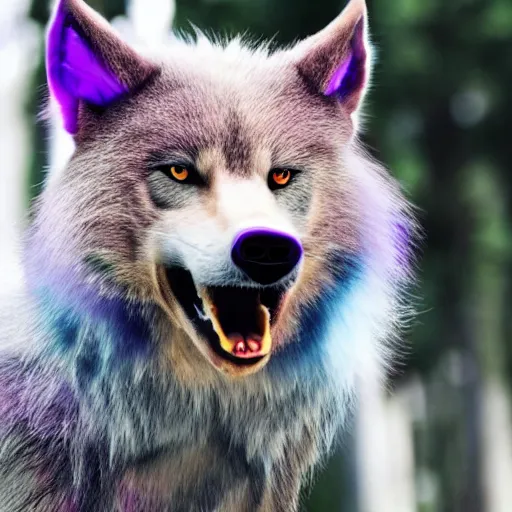 Image similar to androgynous werewolf with dyed fur, pride month, gender non - conforming, tamed, sweet, loyal, trustworthy