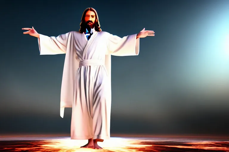 Image similar to jesus christ wearing a white robe strikes a dance pose in the apocalypse, intricate, hyper detailed, accent lighting, dramatic light, 4 k octane render