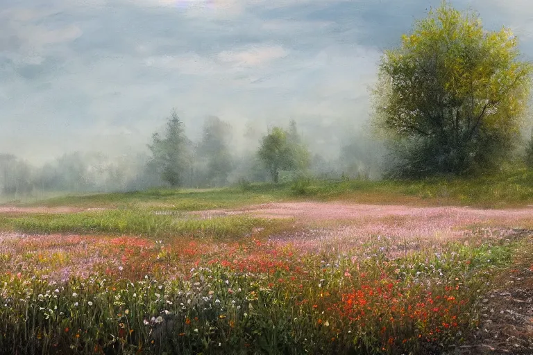 Image similar to a matte painting of a manitoba canada prairie, cottages, foggy, patchy flowers, oil painting, pale colors, high detail, 8 k, wide angle, trending on artstation,