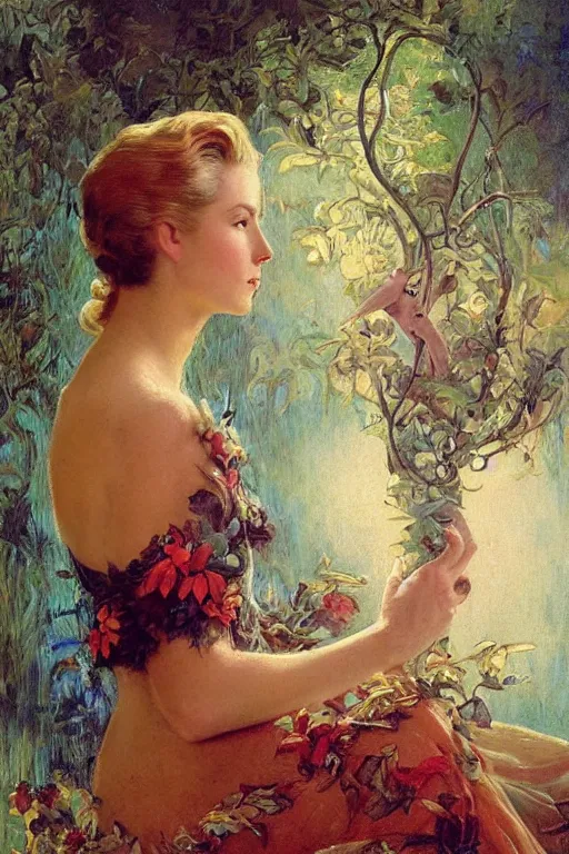 Image similar to Grace Kelly explaining the birds and the bees in the style of Gaston Bussière, art nouveau, art deco. Lush detail. Perfect composition and lighting. Award-winning mixed media photograph f1.8. Surreal architecture from the future. A shaft of light illuminates her.