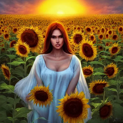 Image similar to Bedsheet Ghost in a field of sunflowers, sunset, highly detailed, digital painting, artstation, concept art, smooth, sharp focus, illustration, art by artgerm