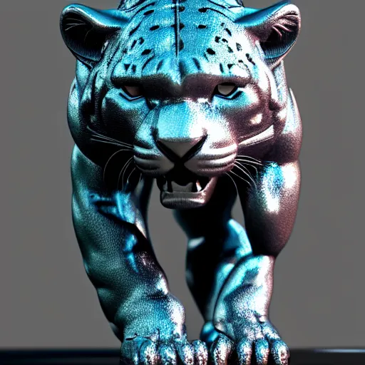 Prompt: silver jaguar sculpture with glowing blue eyes, octane render