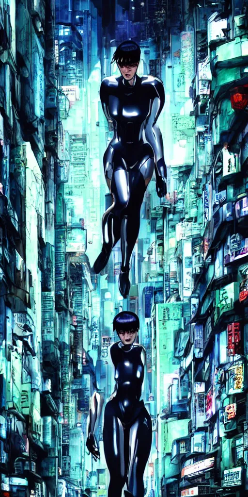 Prompt: ghost in the shell. cyborg running down the narrow street. cyberpunk city.