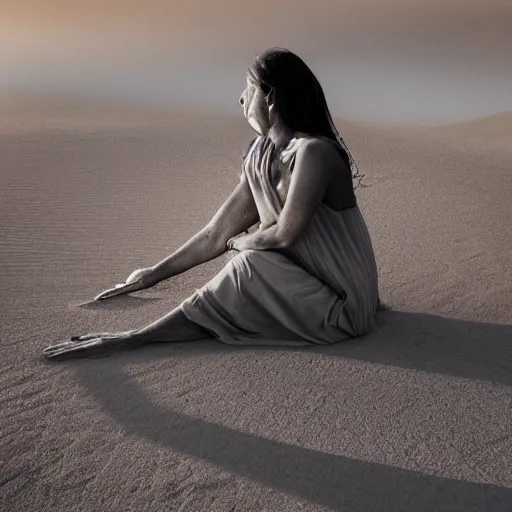 Prompt: Woman made out of sand sitting in desert at dusk and staring down at her hand as it slowly blows away into the wind. high quality, ultra detail, artistic lighting, artistic, award winning photo,