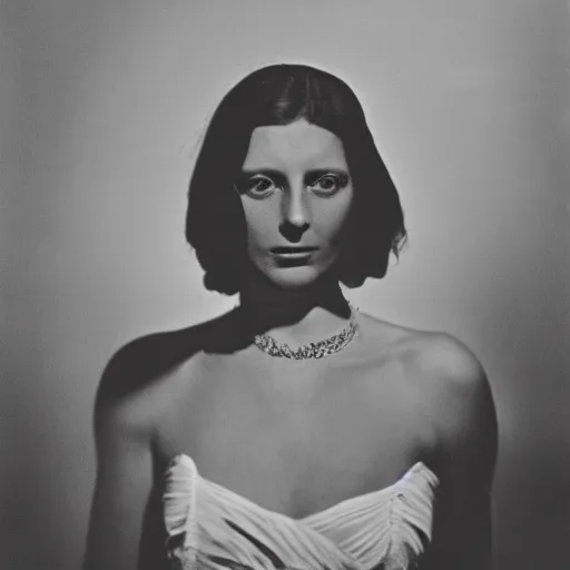 Prompt: Photography of Dora Maar. Portrait of a Femme Fatale. Shadow and light. Black and white, Tri-X 400. Side lighting.
