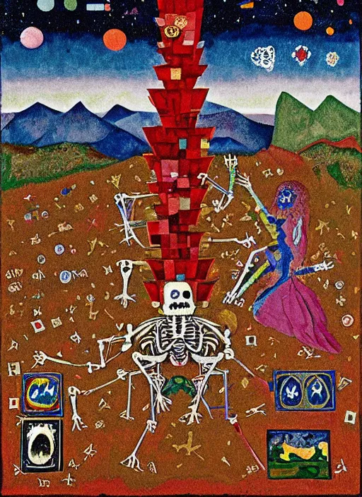 Image similar to pixel decollage painting tarot lovers card composition tower of babel road red armor maggot bear and wonky alien frog skeleton knight on a horse in a dark red cloudy night sky with golden foil jewish stars and diamonds, mountain lake and blossoming field in background, painted by Mark Rothko, Helen Frankenthaler, Danny Fox and Hilma af Klint, pixelated, neo expressionism, semi naive, pastel colors, cinematic, color field painting, cave painting, voxel, pop art look, outsider art, minimalistic. Bill Traylor painting, part by Philip Guston, Amano and Francis Bacon. art by Adrian Ghenie and Storm Thorgerson, very coherent symmetrical artwork, cinematic, hyper realism, high detail, octane render, unreal engine, Smooth gradients, depth of field, full body character drawing, extremely detailed, 8k, extreme detail, intricate detail, masterpiece