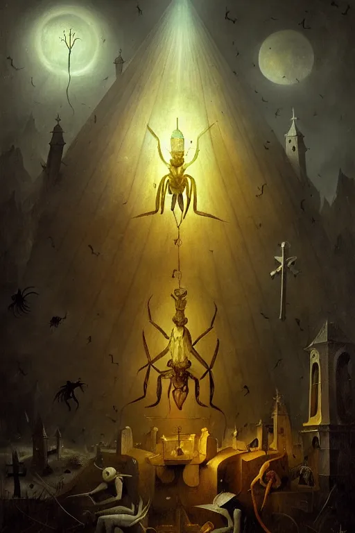 Prompt: hieronymus bosch, greg rutkowski, anna podedworna, painting of a scorpio, god rays, wide shot of a graveyard lit by spooky lights